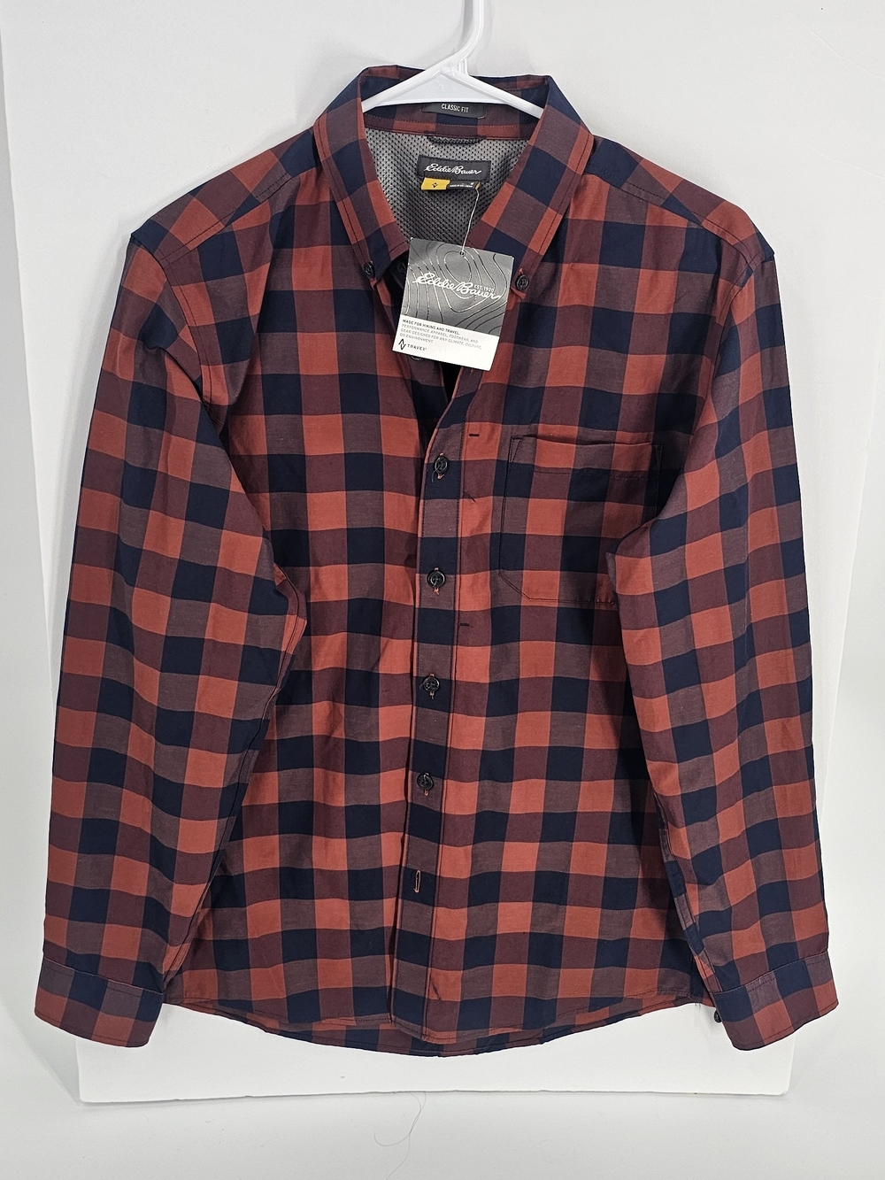 Eddie Bauer On The Go Poplin Shirt Checkered Cotton Shirt in Red & Blue Size